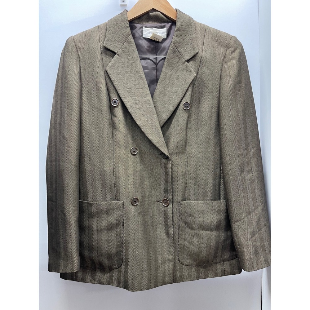 Casual Corner VTG Herringbone Double Breasted Blazer Olive Brown Size 10